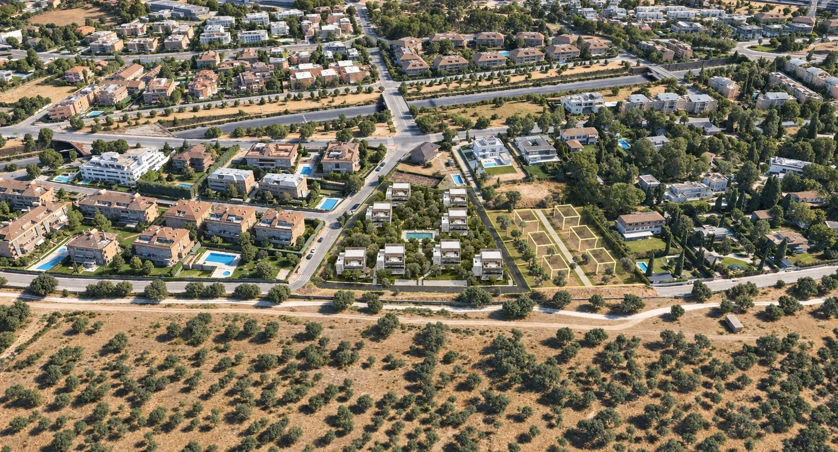 Vista aérea de Residencial Laguna en Aravaca, con las parcelas de fases futuras señaladas