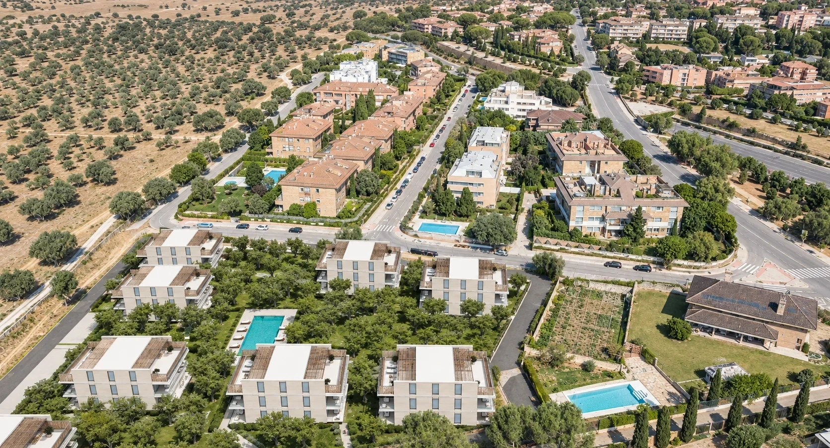 Vista aérea del conjunto residencial entre arbolado