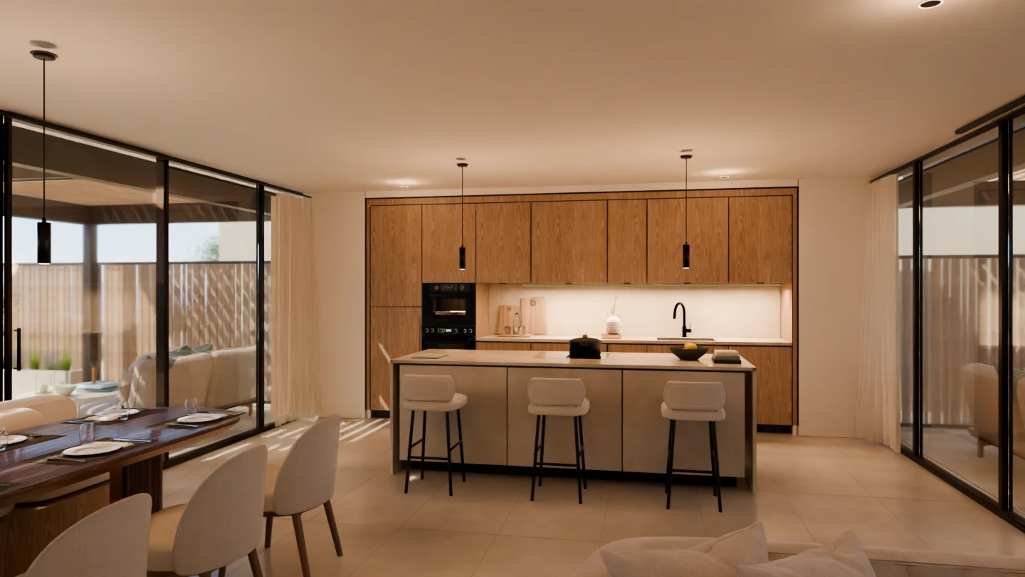 Salón, comedor y cocina del ático con luz de día