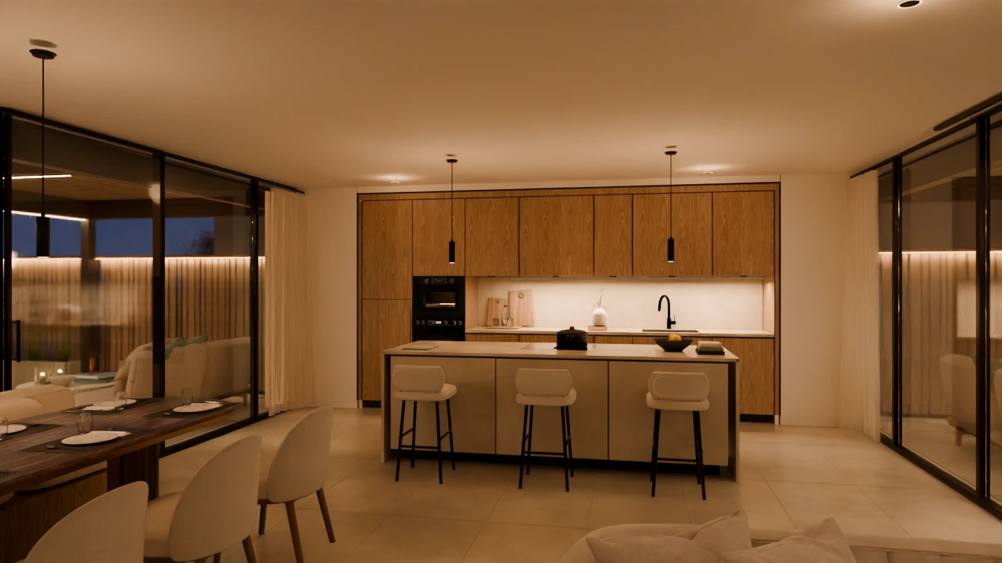 Salón del ático con iluminación de noche