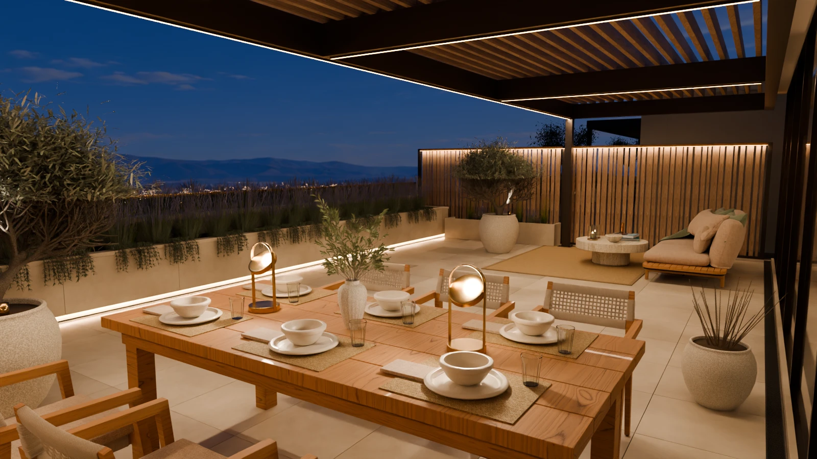 Terraza del ático iluminada de noche