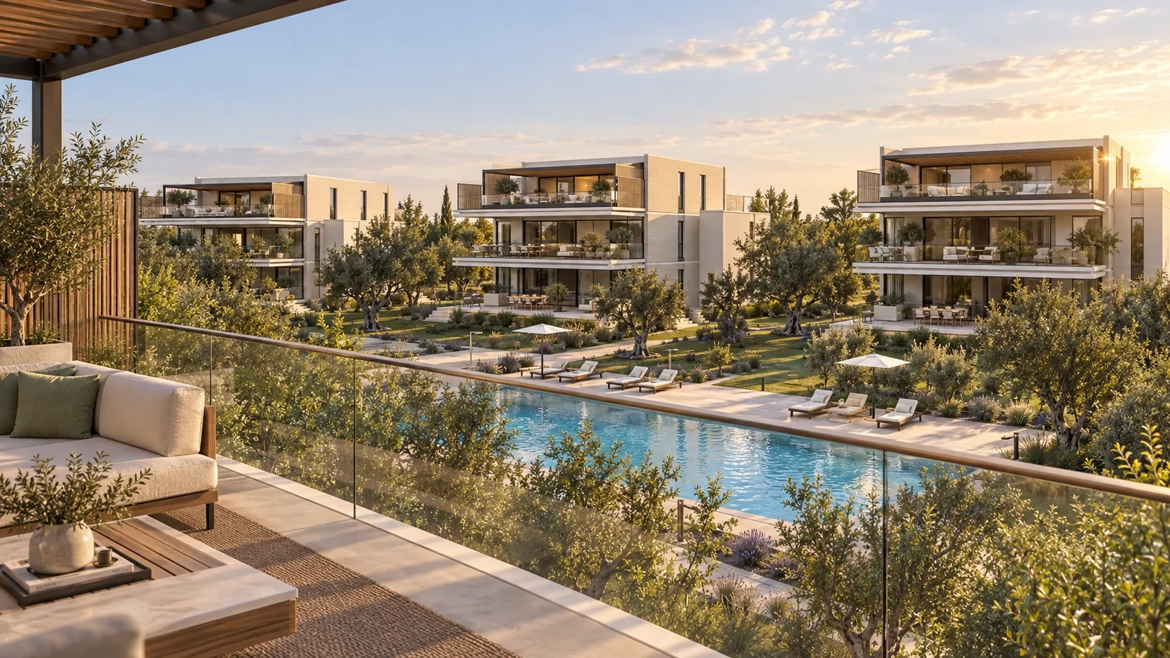 Piscina comunitaria de Residencial Laguna al atardecer